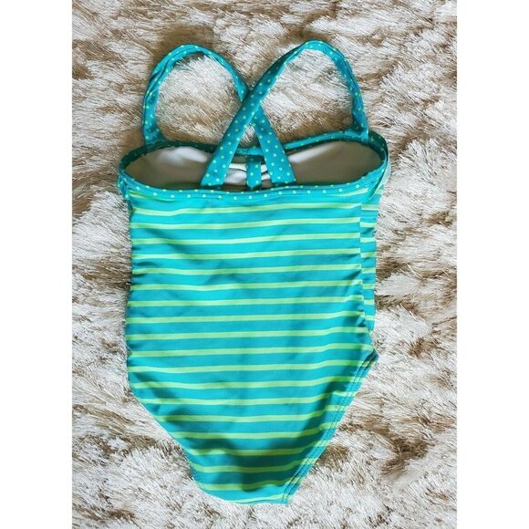 Girl's Xhilaration Neon GreenTurquoise Striped Summer Swimsuit Size XS 4-5 - Picture 2 of 4